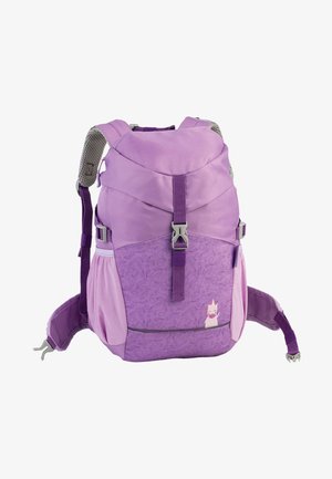 Sac à dos violet pour enfants avec bretelles ajustables, boucle frontale, poches latérales en mesh et petit motif licorne sur le panneau avant.
