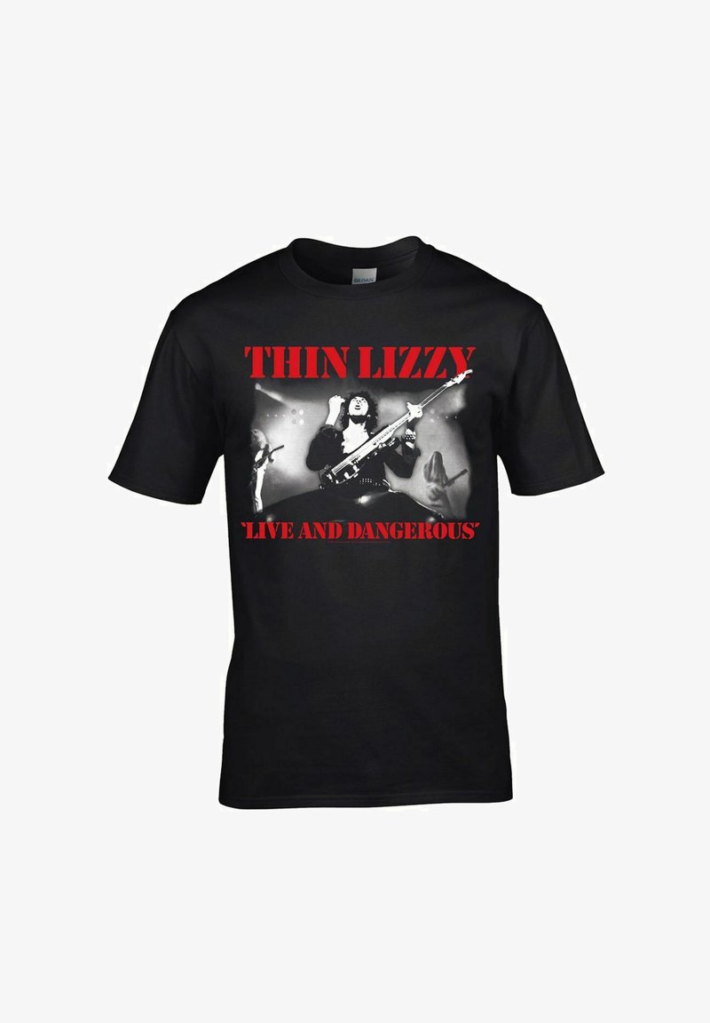 Zwarte T-shirt met een zwart-wit foto van een Thin Lizzy concert en rode tekst met "THIN LIZZY" en "'LIVE AND DANGEROUS'".