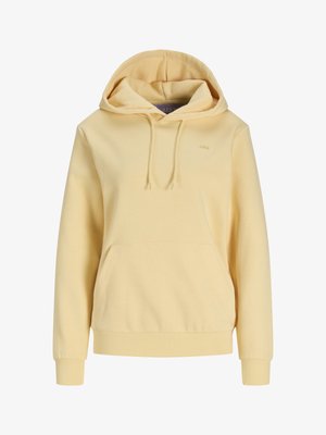 Lysegul hættetrøje med forlomme og snøre i hætten, lange ærmer og diskret logo på brystet.