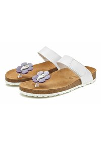 Witte sandalen met een kurken voetbed en een gestructureerde zool. Voorzien van een bloemenversiering met paarse bloemblaadjes en een zilveren accent. Verstelbare band.