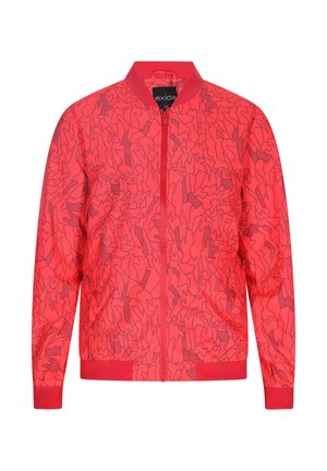 Rode bomberjack met een abstract zwart patroon, geribde boorden en zoom, en een ritsluiting aan de voorkant. Gemaakt van lichtgewicht stof.