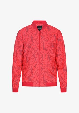 Rote Bomberjacke mit abstraktem schwarzen Muster, gerippten Bündchen und Saum sowie einem Reißverschluss vorne. Hergestellt aus leichtem Material.