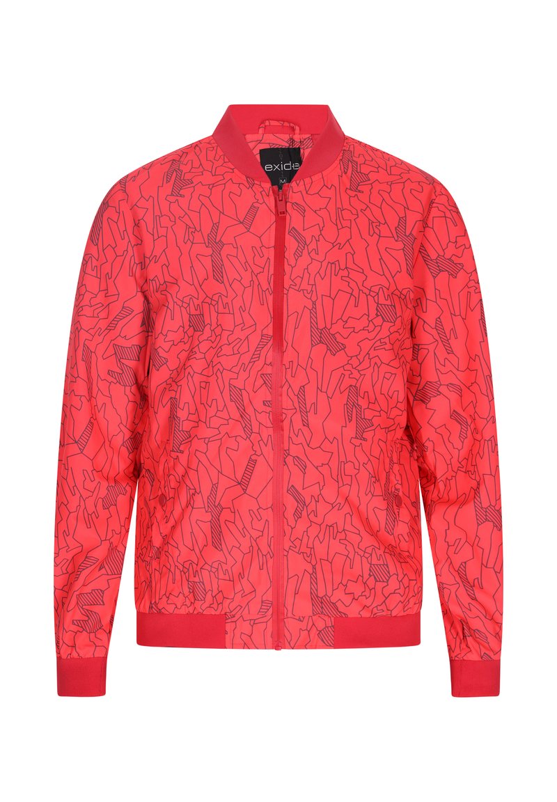 Červená bomber bunda s abstraktním černým vzorem, žebrovanými manžetami a spodním lemem, a předním zipem. Vyrobena z lehkého materiálu.