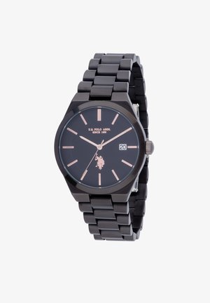 Orologio da polso analogico nero con quadrante rotondo, indici delle ore in oro rosa e cinturino testurizzato. Include display della data e logo U.S. Polo Assn.