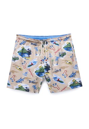 Pantaloncini da bagno beige con stampe tropicali colorate che includono palme, tavole da surf, squali, auto d'epoca, aerei, binocoli e testo "Napapijri".
