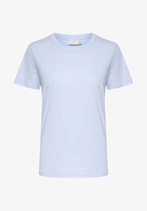 T-shirt en coton bleu clair avec un col rond classique et des manches courtes. Il a une texture lisse et est légèrement ajusté.