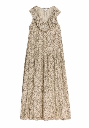 Maxikjole med blomsterprint i beige og brun, med flæseærmer, dyb V-hals og en smalnet talje med et flydende skørt.