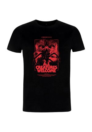 Sort bomulds-T-shirt med et rødt grafisk design, der viser to dyreansigter, teksten "ALL CREATURES WELCOME" og en ramme. Kortærmet.