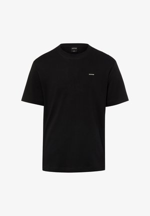 Czarny, krótki t-shirt z okrągłym dekoltem i krótkimi rękawami, z małym białym logo G-STAR na lewej piersi, prezentowany na białym tle.