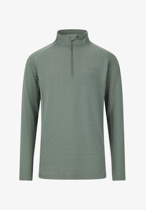 Langærmet, lysegrøn pullover med en kvart lynlås, lavet af tekstureret stof. Har flade sømme og et diskret logo på brystet.