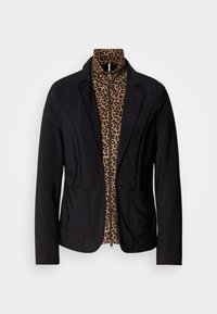 Schwarzer Blazer mit Innenfutter im Leopardenmuster und- Reißverschluss. Verfügt über zwei Fronttaschen und strukturierte Schultern. Glatte Textur.