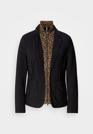 Črn blazer z notranjim podloženjem v leopardskem vzorcu in zadrgo. Ima dve sprednji žepi in strukturirane ramena. Gladka tekstura.