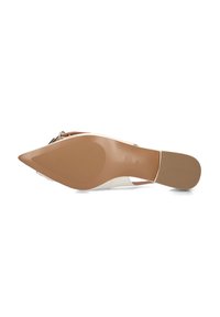 Pointed-toe high heel shoe featuring a white synthetic upper with a nude rubber sole and light brown accents. Adjustable ankle strap detail.
