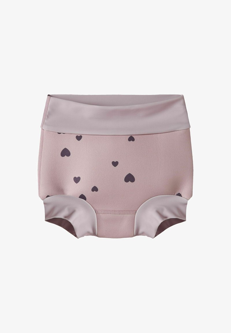 Couche de bain pour tout-petit de couleur violet clair avec des motifs de cœurs violet foncé et des bandes élastiques douces aux jambes et à la taille.