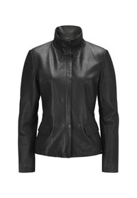 Černá kožená bunda s vysokým límcem, předními kapsami a přiléhavým střihem. Hladký povrch s čistým, minimalistickým designem.