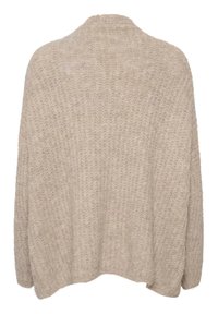 Cardigan en tricot beige avec une coupe enceinte, tissu texturé, manches larges et encolure arrondie. Matériau doux et chaud avec un drapé décontracté.