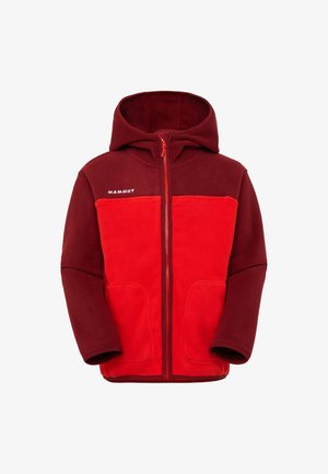 Rød og mørkerød hættetrøje i fleece med frontlynlås og to forlommer, med "MAMMUT" logo på brystet.