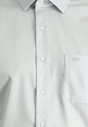 Light gray button-up shirt with a smooth texture, featuring a collared neck, six buttons, and a chest pocket with an embroidered logo.