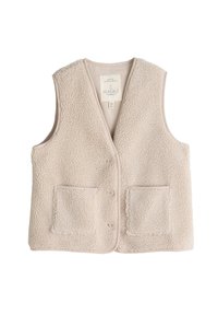 Fleece brezrokavnik v svetlo bež barvi, z V-izrezom, tremi gumbi in dvema sprednjima žepoma. Mehka tekstura z udobnim, izolativnim oblikovanjem.