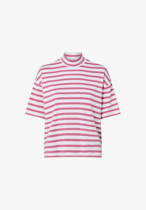 Kurzärmeliges Baumwollhemd mit hohem Kragen, das abwechselnd pinke und weiße horizontale Streifen aufweist und eine lockere Passform hat.