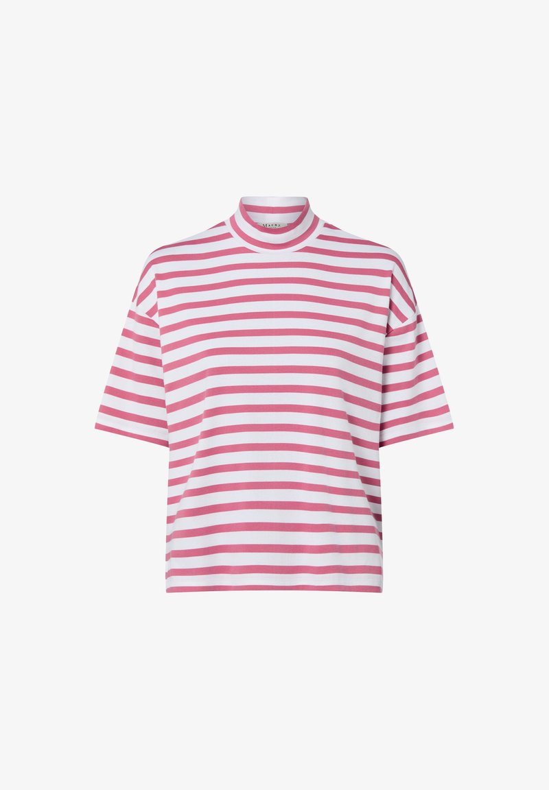 Kurzärmeliges Baumwollhemd mit hohem Kragen, das abwechselnd pinke und weiße horizontale Streifen aufweist und eine lockere Passform hat.