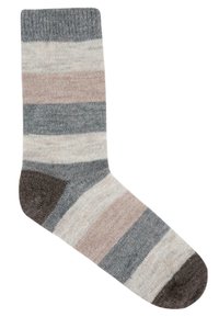 Gestreifte Socke in Grau, sanftem Pink und Cremefarben, mit einer dunkelgrauen Zehenpartie. Hergestellt aus einem strukturierten Strickmaterial, das mehrere horizontale Streifen aufweist.
