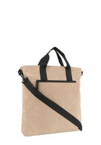 Borsa a tracolla in corduroy beige con manici neri e tracolla regolabile, dotata di una tasca frontale con zip. Superficie testurizzata con righe verticali.