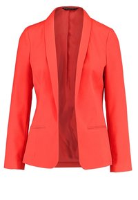 Röd kavaj med slagkrage, enkelknapp fram och två fickor fram. Slätt material med en något strukturerad form.