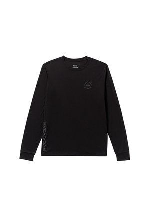 Czarna, długorękawowa koszulka wykonana z miękkiego materiału, z okrągłym dekoltem, subtelnym logotypem na piersi oraz tekstem marki na lewym rękawie.