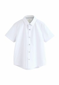 Camicia a maniche corte, con bottoni, in cotone bianco. Presenta un colletto classico, orlo dritto e cinque bottoni sulla parte anteriore.