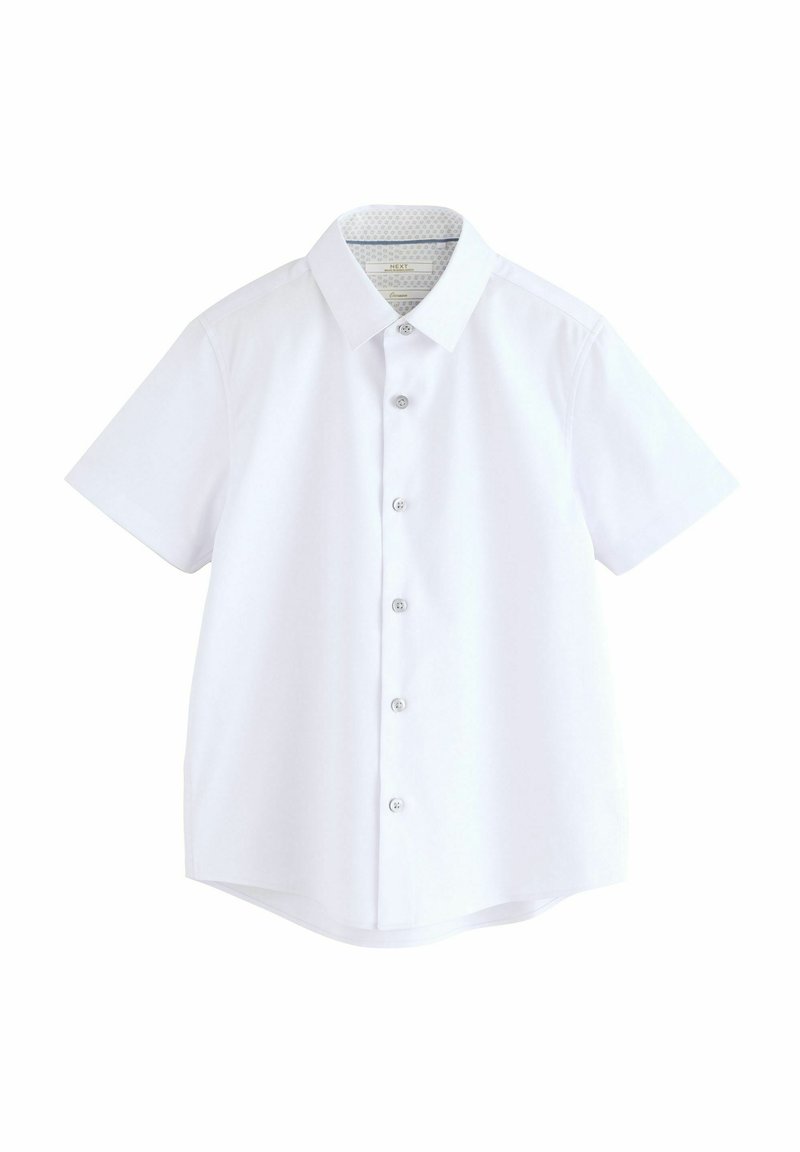 Camicia a maniche corte, con bottoni, in cotone bianco. Presenta un colletto classico, orlo dritto e cinque bottoni sulla parte anteriore.