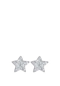 Boucles d'oreilles en forme d'étoile argentées, ornées d'accents en cristal transparent, avec une surface texturée et plusieurs petites pierres précieuses incrustées pour un éclat.