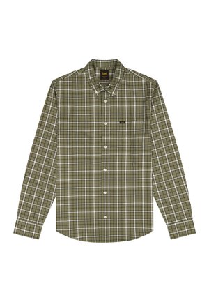 Oliwkowa koszula na długi rękaw z guzikami, w biało-szary wzór w kratę, zapięty kołnierzyk na guziki oraz przednia kieszeń na piersi z małą metką z logo.