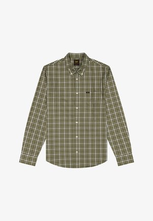 Oliwkowa koszula na długi rękaw z guzikami, w biało-szary wzór w kratę, zapięty kołnierzyk na guziki oraz przednia kieszeń na piersi z małą metką z logo.