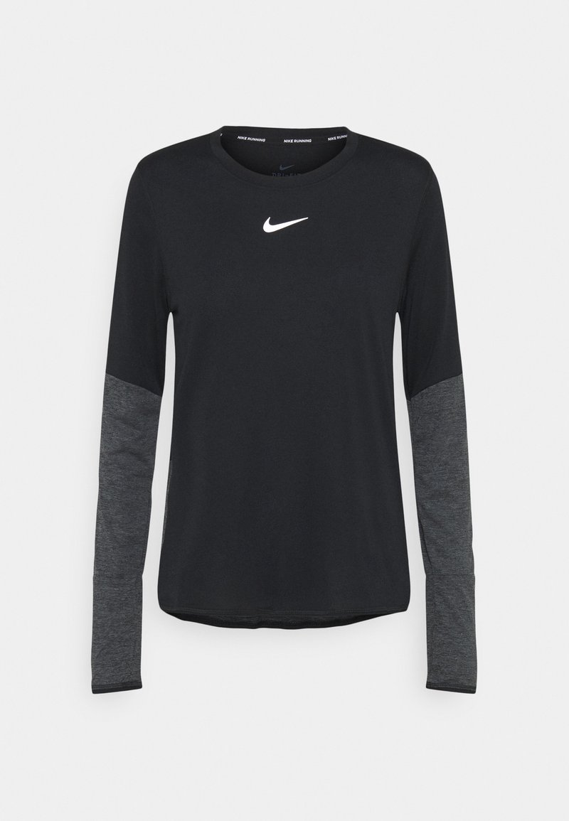 Svart långärmad träningströja med grå ärmar. Har en rund halsringning och en vit Nike-logotyp på bröstet. Slät textur, avslappnad design.