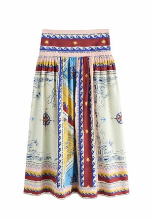 Gonna midi a vita alta con pieghe, stampa di una mappa nautica con rose dei venti, ancore, onde e motivi solari nei colori blu, rosso, giallo e crema.