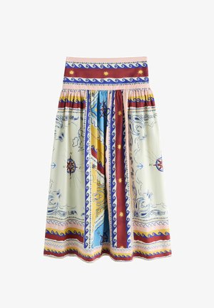 Gonna midi a vita alta con pieghe, stampa di una mappa nautica con rose dei venti, ancore, onde e motivi solari nei colori blu, rosso, giallo e crema.