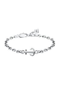 Bracciale in argento a forma di ancora con anelli chiusi interconnessi e chiusura a moschettone. Piccola etichetta con logo attaccata alla catena. Texture liscia.