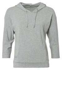 Sweat à capuche gris en tissu doux, doté d'une poche kangourou à l'avant, de manches trois-quarts et d'une coupe décontractée.