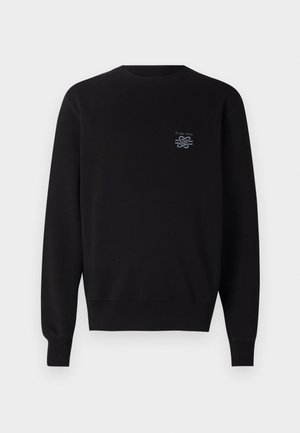 Schwarzes Sweatshirt aus Baumwolle, mit rundem Halsausschnitt, langen Ärmeln und einem gestickten Logo auf der linken Brust. Glatte Textur.