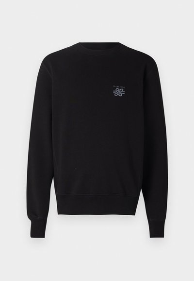 Sweatshirt noir en coton, avec un col rond, des manches longues et un logo brodé sur la poitrine gauche. Texture lisse.