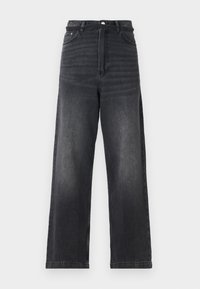 Black denim wide-leg jeans with a high waist, featuring a button closure, five pockets, and subtle fading along the legs.