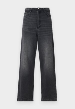 Black denim wide-leg jeans with a high waist, featuring a button closure, five pockets, and subtle fading along the legs.