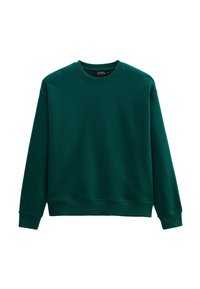 Sweatshirt vert avec un col rond, des poignets côtelés et un ourlet. Fabriqué à partir d'un tissu lisse et doux, avec un design simple et sans motifs supplémentaires.