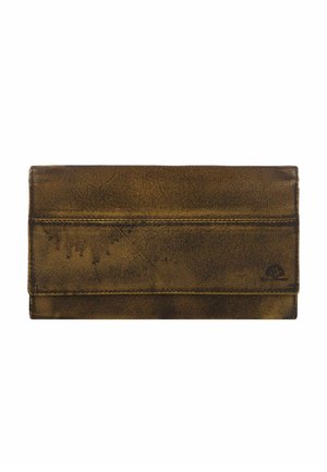 Portafoglio in pelle marrone con una superficie liscia. Presenta un design pieghevole e cuciture visibili. Include un logo impresso nell'angolo.