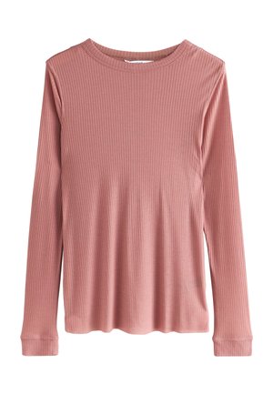 Rosa Langarmshirt mit Rippstruktur, rundem Halsausschnitt und schmalen Bündchen. Hergestellt aus einem weichen Stoff mit glatter Textur, bietet es einen lässigen Schnitt.