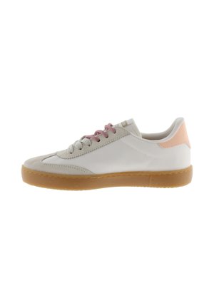 White sneaker with gray suede accents, pink lace, and a pink heel tab. Features a textured gum rubber sole. Low-profile design.