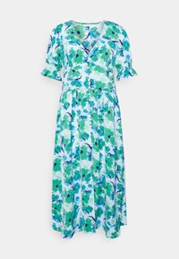 Blommig klänning i blå och gröna nyanser, med V-ringning, korta volangärmar, knappfront och en flödande kjol med ett lagerdesign.