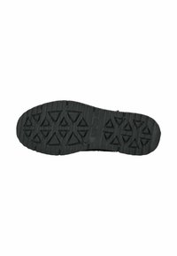 Suela de zapato de goma negra con un patrón texturizado de formas triangulares y rectangulares para agarre y tracción. Branding sutil visible.