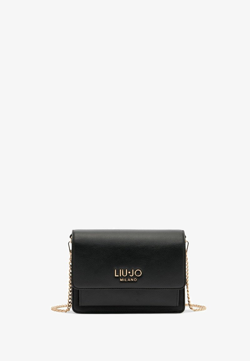 Black leather crossbody bag with a gold chain, featuring a flap closure and embossed "LIU•JO MILANO" logo. Smooth texture with structured shape.